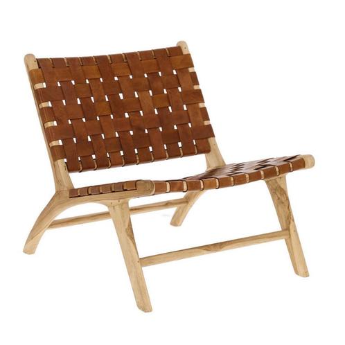*WOONWINKEL* Kave Home Calixta Fauteuil Hout Met Bruin Leer, Huis en Inrichting, Fauteuils, Nieuw, Leer, Verzenden