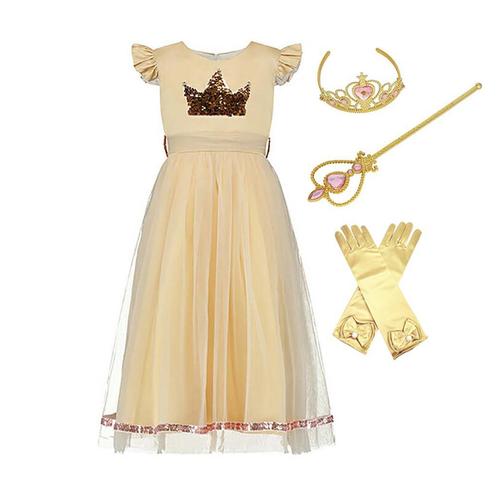 Prinsessenjurk-Goud-Feestjurk-kroon+staf 104,110,116,122,128, Kinderen en Baby's, Kinderkleding | Maat 104, Jongen of Meisje, Nieuw
