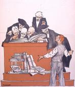 Spotprent Arbeider vraagt aan juristen om te denken aan e..., Antiek en Kunst, Kunst | Litho's en Zeefdrukken, Verzenden