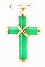 Zonder Minimumprijs - Kruishanger - 14 karaat Geel goud Jade, Sieraden, Tassen en Uiterlijk, Antieke sieraden