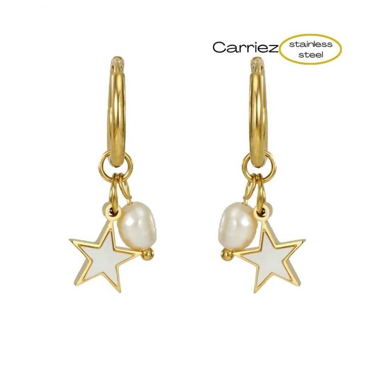 Gouden oorringen parel sterretje - stainless steel, Sieraden, Tassen en Uiterlijk, Oorbellen, Nieuw, Verzenden