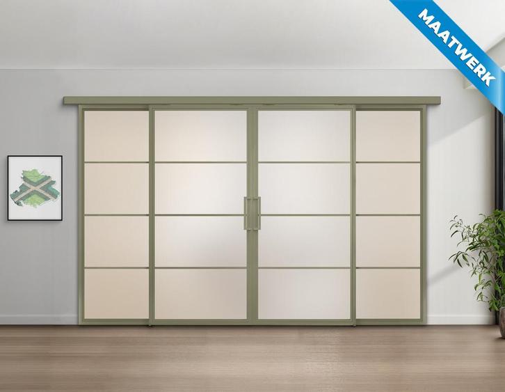 Dubbele stalen Schuifdeuren met koofsysteem en glaspanelen 4, Doe-het-zelf en Verbouw, Kozijnen en Schuifpuien, Nieuw, Inclusief glas