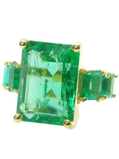 Zonder Minimumprijs - Ring - 9 kt. Geel goud, Zilver Smaragd, Sieraden, Tassen en Uiterlijk, Ringen