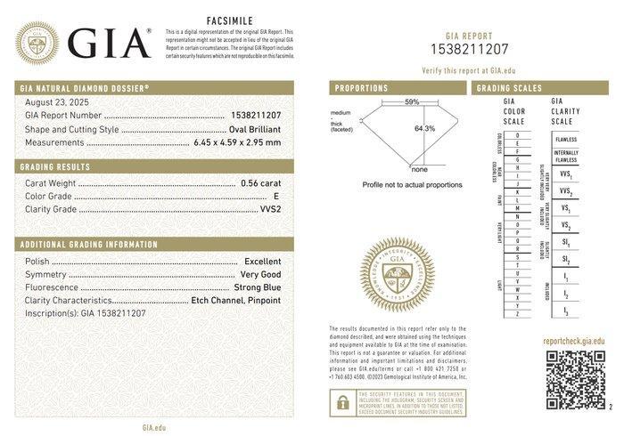 1 pcs Diamant (Natuurlijk) - 0.56 ct - Ovaal - E - VVS2 -, Sieraden, Tassen en Uiterlijk, Edelstenen