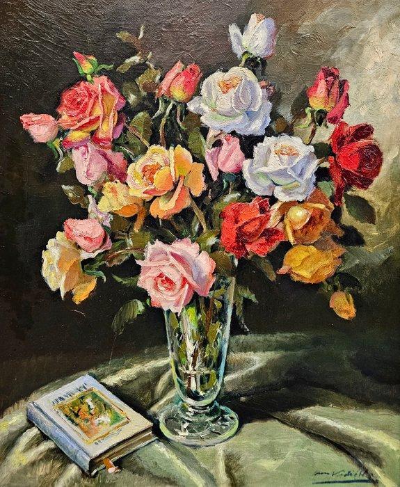 M. Vidiella (c.1930) - Roses and a book in twilight, Antiek en Kunst, Kunst | Schilderijen | Klassiek