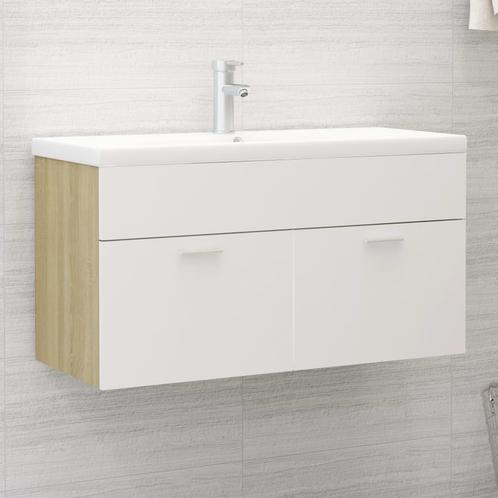 vidaXL Wastafelkast 90x38,5x46 cm bewerkt hout wit en sonoma, Huis en Inrichting, Badkamer | Badkamermeubels, Nieuw, Minder dan 100 cm