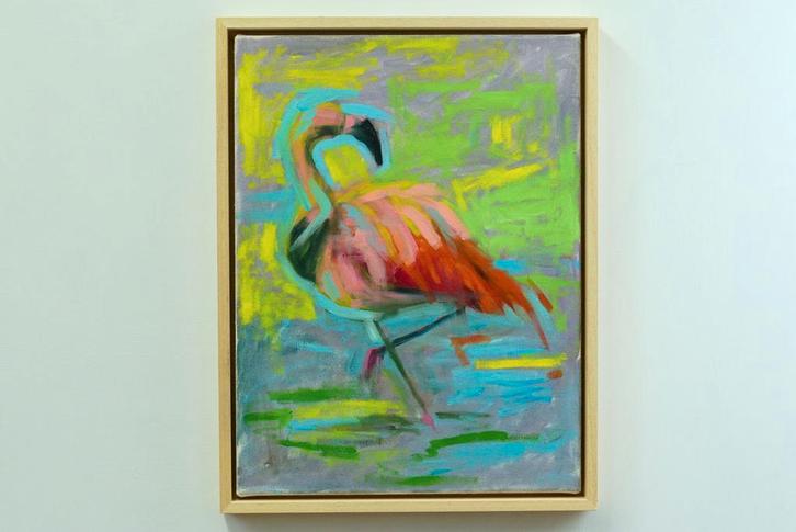 Kleurrijk schilderij: Flamingo in expressieve tinten (30x40, Antiek en Kunst, Kunst | Schilderijen | Modern, Ophalen of Verzenden