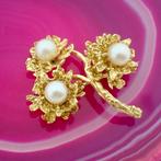 18 krt. Gouden tak met bloemen broche met parels (vintage), Sieraden, Tassen en Uiterlijk, Broches, Gebruikt, Overige kleuren