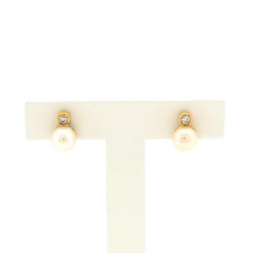 Gouden oorstekers met parel en zirconia (oorbellen), Sieraden, Tassen en Uiterlijk, Oorbellen, Overige kleuren, Gebruikt, Met edelsteen