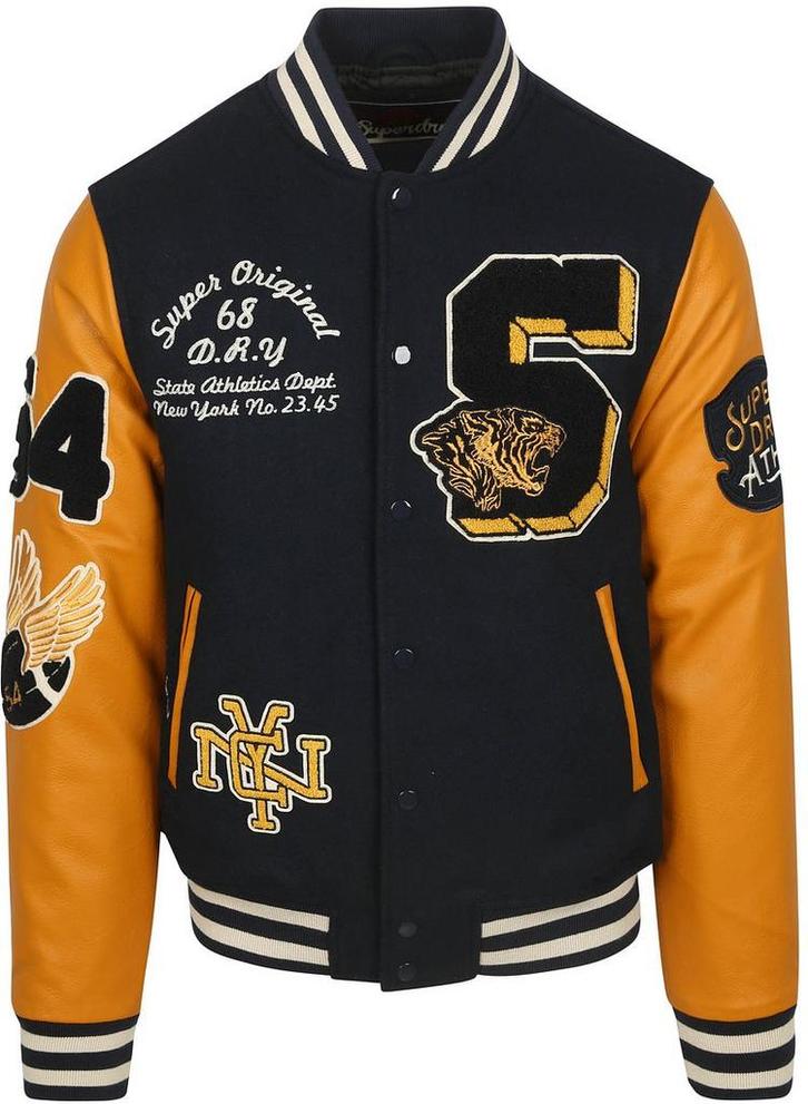 Superdry Varsity Bomber Jas Navy maat XL Heren, Kleding | Heren, Jassen | Winter, Geel, Nieuw, Maat 56/58 (XL), Verzenden