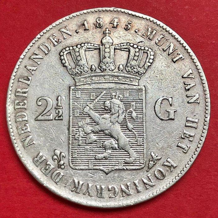 Nederland. Willem II. 2 1/2 Gulden 1845 met parel op de band, Postzegels en Munten, Munten | Nederland