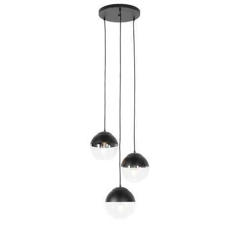 Retro hanglamp zwart met helder glas rond 3-lichts - Eclipse, Huis en Inrichting, Lampen | Hanglampen, Nieuw, Glas, 75 cm of meer