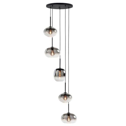 Ronde hanglamp Semi Smoked 5 voudig 5x Glazen lampenkappen, Huis en Inrichting, Lampen | Hanglampen, Metaal, Minder dan 50 cm