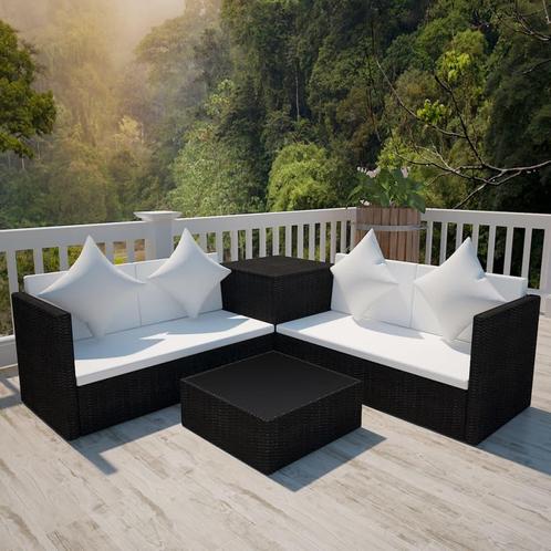 vidaXL 4-delige Loungeset met kussens poly rattan zwart, Tuin en Terras, Tuinsets en Loungesets, Loungeset, Nieuw, 4 zitplaatsen