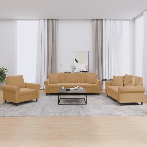 vidaXL 3-delige Loungeset met kussens fluweel bruin, Huis en Inrichting, Banken | Bankstellen, Nieuw, Stof, Vierpersoons of meer