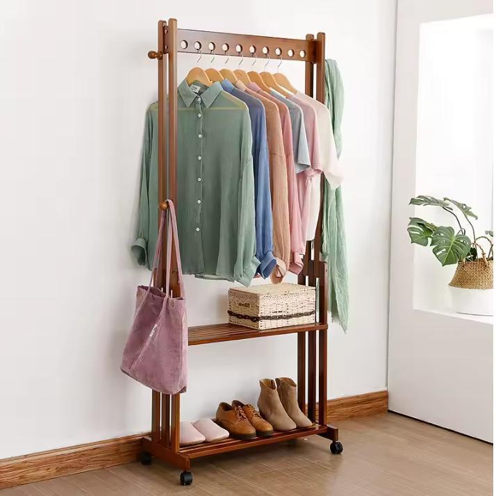 Bamboe Kledingrek met Haken, Planken en Wielen –Walnoot 166, Kleding | Dames, Kledingrekken, Nieuw, Verzenden