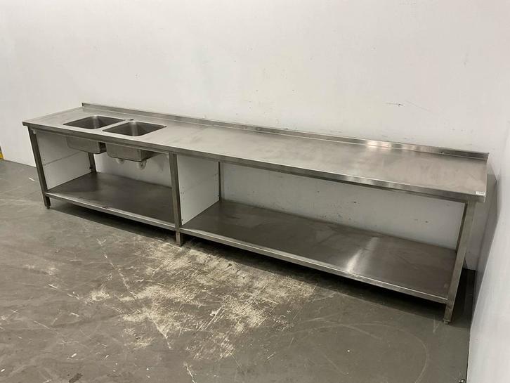 RVS Spoel- en werktafel met dubbele wasbak, Zakelijke goederen, Horeca | Keukenapparatuur, Gebruikt, RVS Meubilair, Ophalen of Verzenden