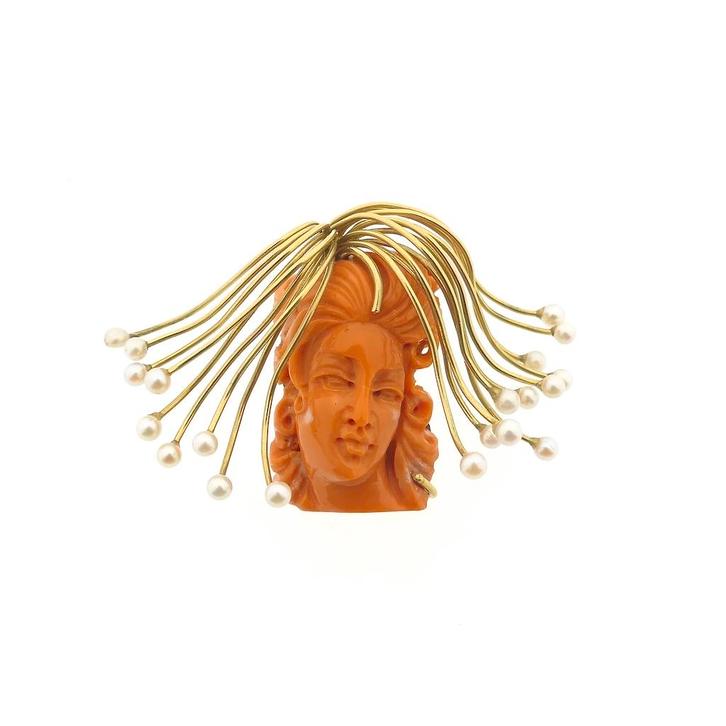 Gouden hanger met hoofd van Medusa in bloedkoraal en parels, Sieraden, Tassen en Uiterlijk, Bedels, Gebruikt, Overige merken, Goud