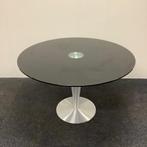 Tweedehands design ronde glazen tafel doorsnede 120 cm,, Ophalen of Verzenden, Gebruikt