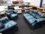 Blue Lederen Chesterfield Bank +Twee Fauteuils, Huis en Inrichting, Banken | Bankstellen, Chesterfield, Gebruikt, Leer, Ophalen