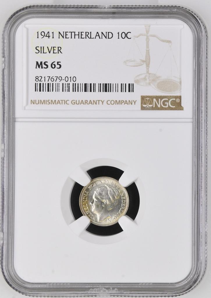 Koningin Wilhelmina 10 cent 1941 MS65 NGC gecertificeerd, Postzegels en Munten, Munten | Nederland, Losse munt, 10 cent, Koningin Wilhelmina