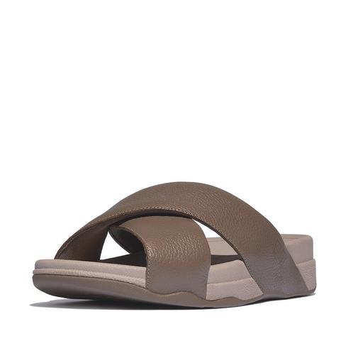 -10% FitFlop  FitFlop Surfer mens tumbled-leather cross slid, Kleding | Dames, Schoenen, Slippers, Bruin, Nieuw, Verzenden