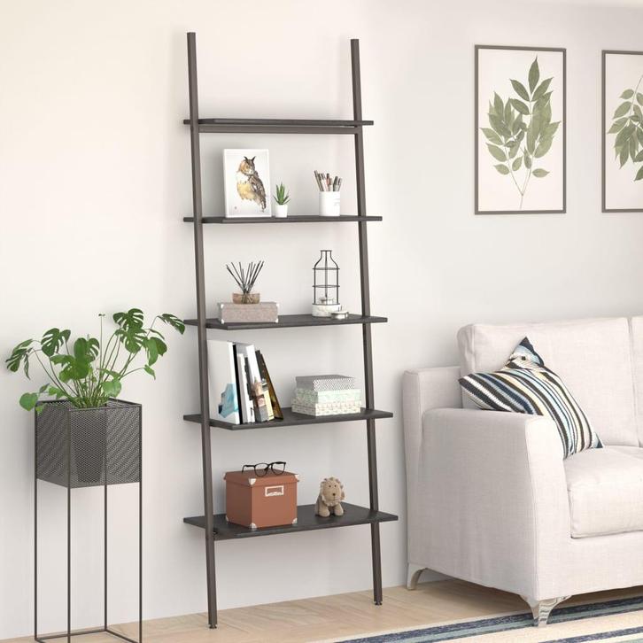 vidaXL Ladderrek met 5 schappen 64x34x185,5 cm zwart, Huis en Inrichting, Kasten | Boekenkasten, 25 tot 50 cm, Nieuw, Overige houtsoorten