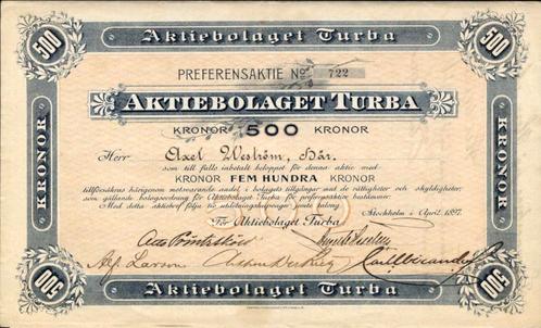 Zweeds turf-aandeel Aktiebolaget Turba, 1897, Postzegels en Munten, Aandelen en Waardepapieren, Certificaat van aandeel, Voor 1920