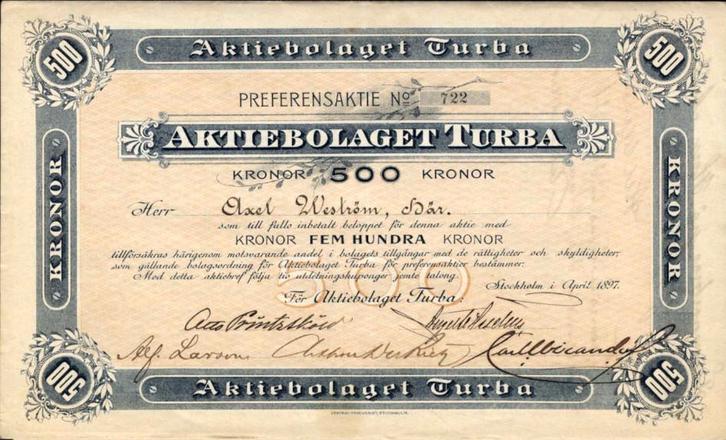 Zweeds turf-aandeel Aktiebolaget Turba, 1897, Postzegels en Munten, Aandelen en Waardepapieren, Certificaat van aandeel, Voor 1920