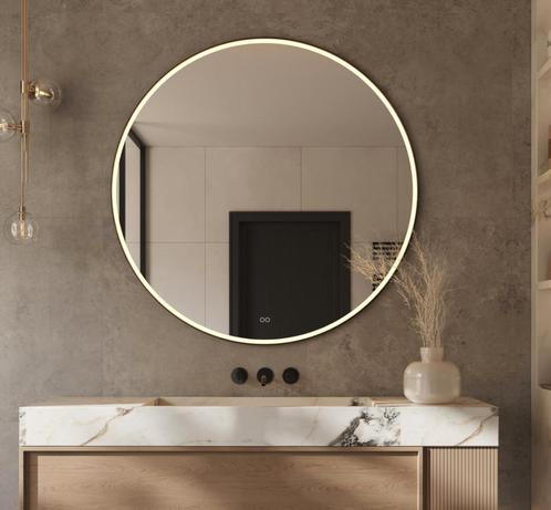 Fraaie ronde spiegel met mat zwart frame licht en verwarming, Huis en Inrichting, Badkamer | Badkamermeubels, Minder dan 25 cm