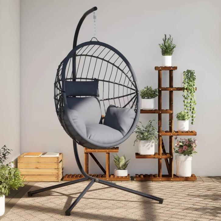 vidaXL Hangstoel met standaard rattan en staal grijs, Tuin en Terras, Tuinbanken, Nieuw, Verzenden