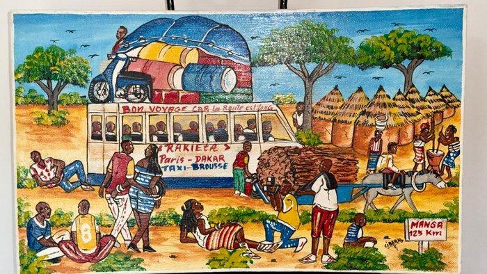 Schilderij Taxi-brousse en dorpsleven – Afrikaanse, Antiek en Kunst, Kunst | Niet-Westerse kunst