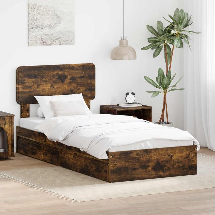 vidaXL Opslag bed met lade Gerookt eiken 90 x 200 cm Bewerkt, Huis en Inrichting, Slaapkamer | Bedden, Bruin, Nieuw, Hout, Verzenden