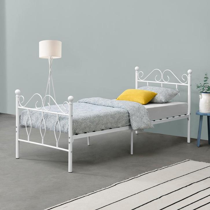 Metalen bedframe Apolda met bedbodem wit 90x200 cm, Huis en Inrichting, Slaapkamer | Bedden, Verzenden