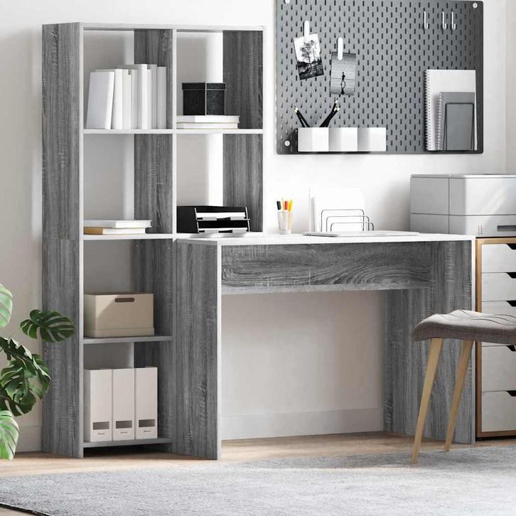 vidaXL Bureau met plank Grijs Sonoma 138,5 x 55 x 143 cm, Huis en Inrichting, Bureaus, Nieuw, Verzenden