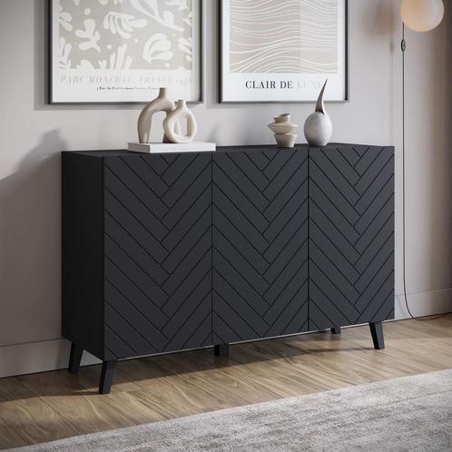 Meubella | Dressoir zwart 120 cm | Visgraat op deuren kast, Huis en Inrichting, Kasten | Dressoirs, 25 tot 50 cm, Nieuw, 100 tot 150 cm