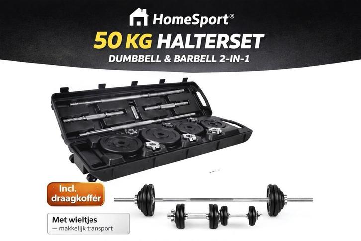 homesport Halterset 50kg, Sport en Fitness, Fitnessmaterialen, Dumbbell, Nieuw, Armen, Benen, Borst, Buik, Rug, Verzenden