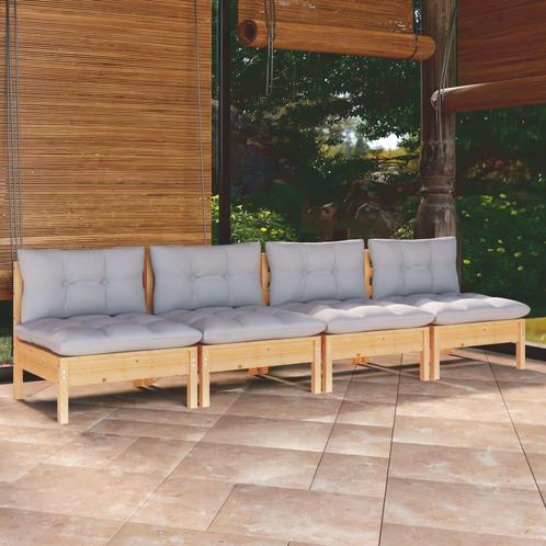 vidaXL Tuinbank 4-zits met grijze kussens massief grenenhout, Tuin en Terras, Tuinsets en Loungesets, Nieuw, Verzenden