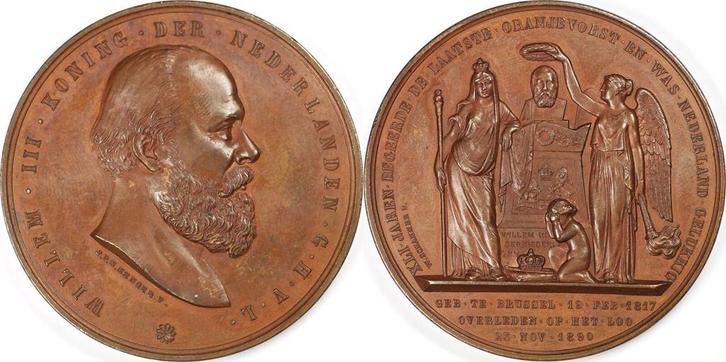 Commemorating the death of Willem Iii (1849-1890) by J P..., Postzegels en Munten, Penningen en Medailles, Verzenden