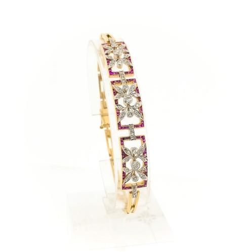 18 Krt. Gouden schakel armband met robijn en diamant; 0,8..., Sieraden, Tassen en Uiterlijk, Armbanden, Overige kleuren, Gebruikt