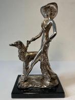 sculptuur, Dama con levriero - 16 cm - Argento 800 gelakt, Antiek en Kunst