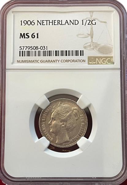 Koningin Wilhelmina - halve gulden 1906 - MS61 NGC, Postzegels en Munten, Munten | Nederland, Losse munt, Koningin Wilhelmina