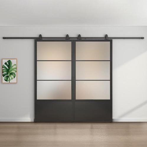 Dubbele stalen schuifdeur - 3 Vlaks met kickplate - Mat glas, Doe-het-zelf en Verbouw, Kozijnen en Schuifpuien, Inclusief glas