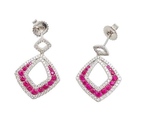 Oorbellen - 18 karaat Witgoud - 2.18ct. tw. Robijn - Diamant, Sieraden, Tassen en Uiterlijk, Oorbellen