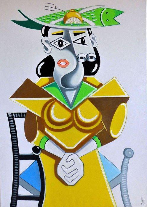 Vincenzo Amicone (1969), After Picasso - Donna seduta con, Antiek en Kunst, Kunst | Schilderijen | Klassiek