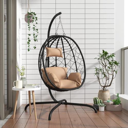 vidaXL Hangstoel met kussen poly rattan en staal taupe, Tuin en Terras, Tuinbanken, Nieuw, Rotan, Verzenden