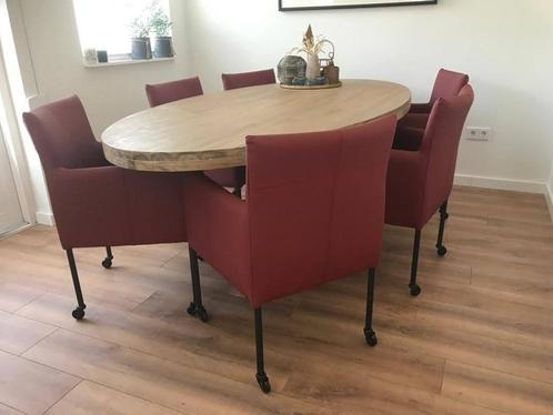 Set van 6 leren kuip eetkamerstoelen - met wieltjes - rood l, Huis en Inrichting, Stoelen, Overige kleuren, Nieuw, Leer, Ophalen of Verzenden
