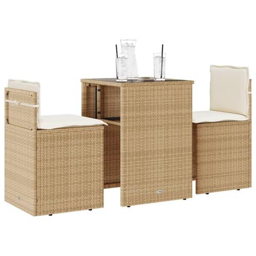 vidaXL 3-delige Bistroset met kussens poly rattan beige, Tuin en Terras, Tuinsets en Loungesets, Nieuw, Rotan, Verzenden