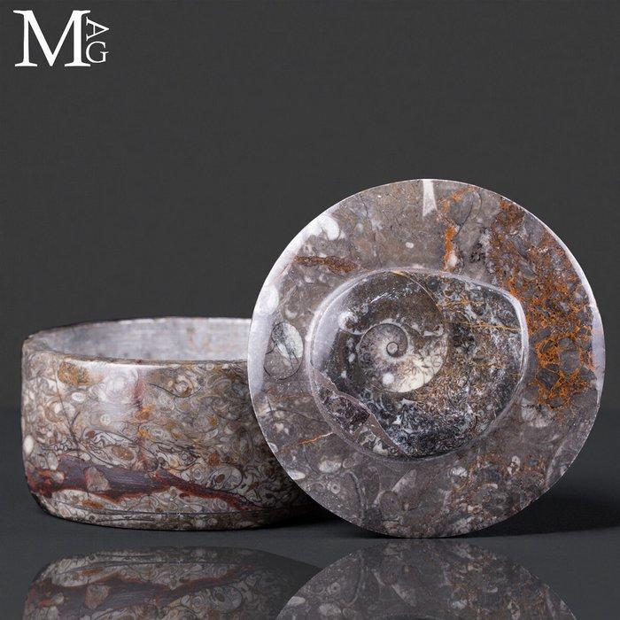 Ronde sieradendoos - fossiele matrix met ammoniet en, Verzamelen, Mineralen en Fossielen