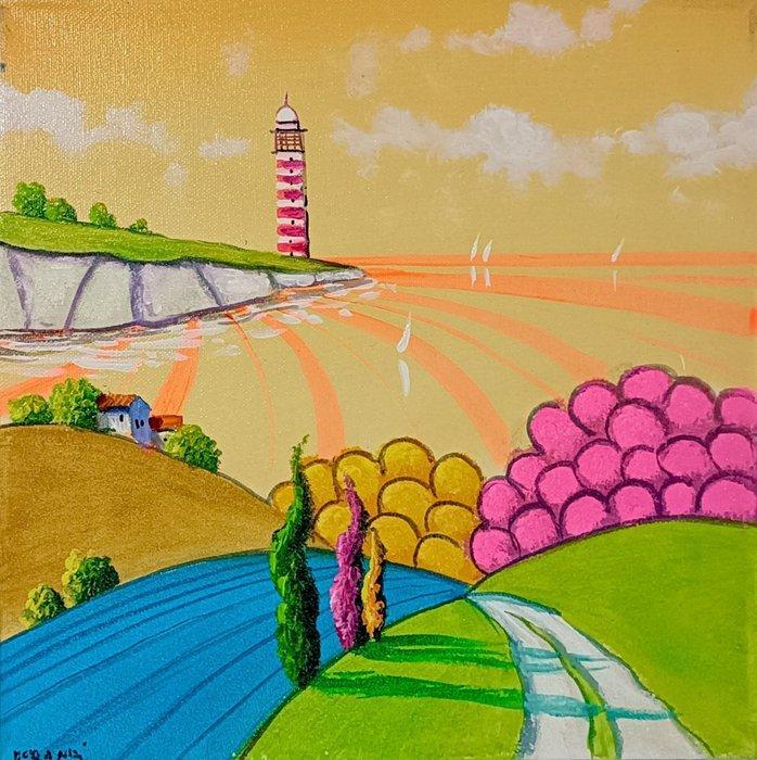 Giulio Morandi (XX-XXI) - Tramonto Euforico al Faro Striato, Antiek en Kunst, Kunst | Schilderijen | Klassiek